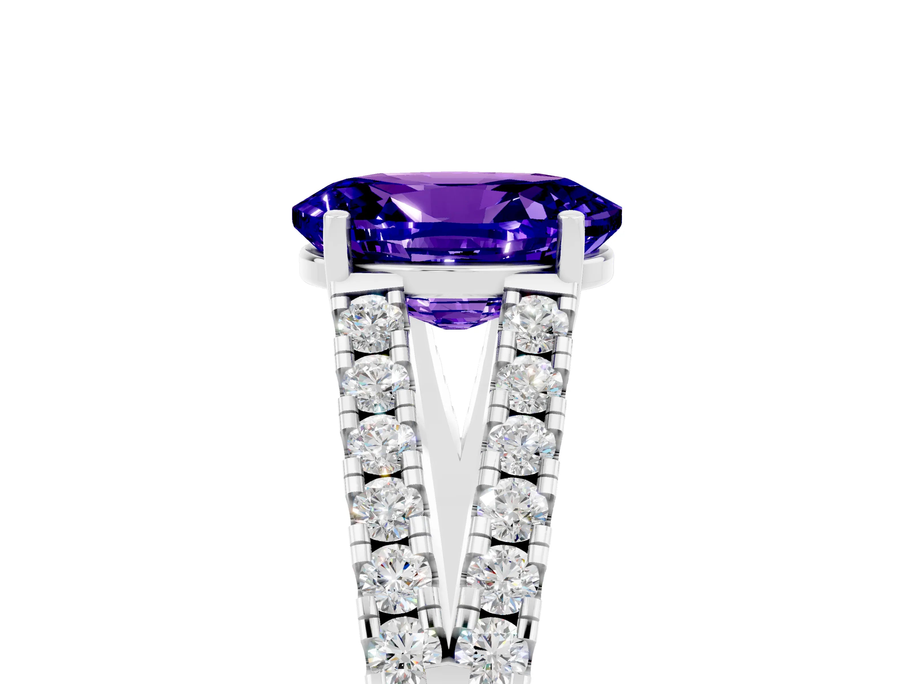 White gold Oval Cut Tanzanite Split Shank Pavé Engagement Ring with Four-Prong Setting_17