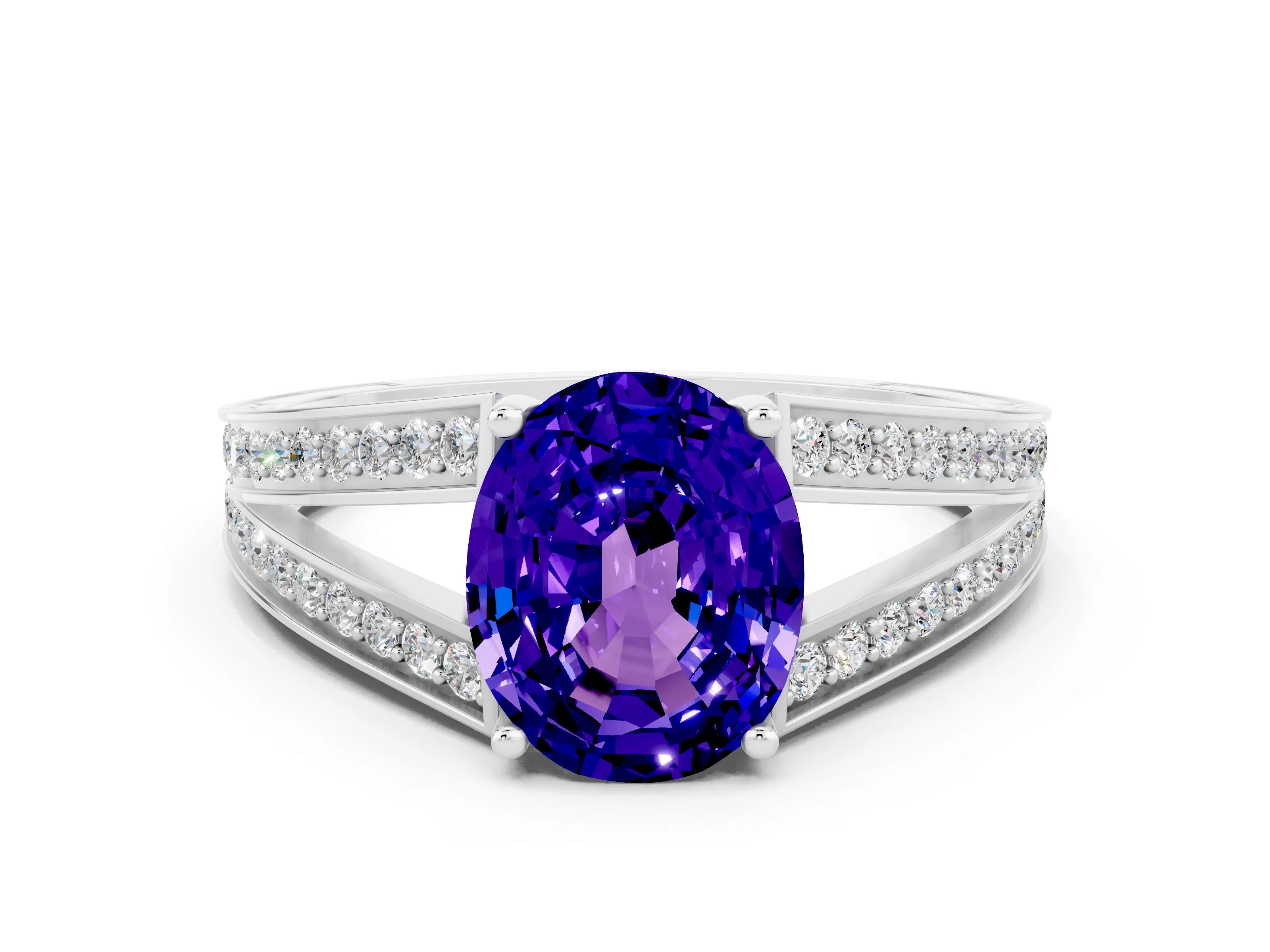 White gold Oval Cut Tanzanite Split Shank Ring with Pavé Band and Four-Prong Setting