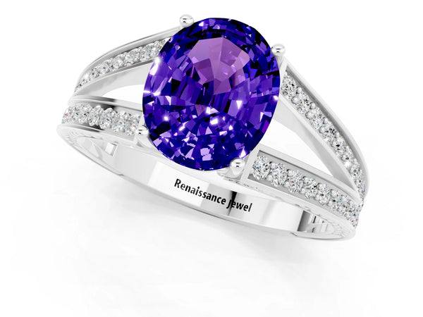 White gold Oval Cut Tanzanite Split Shank Ring with Pavé Band and Four-Prong Setting