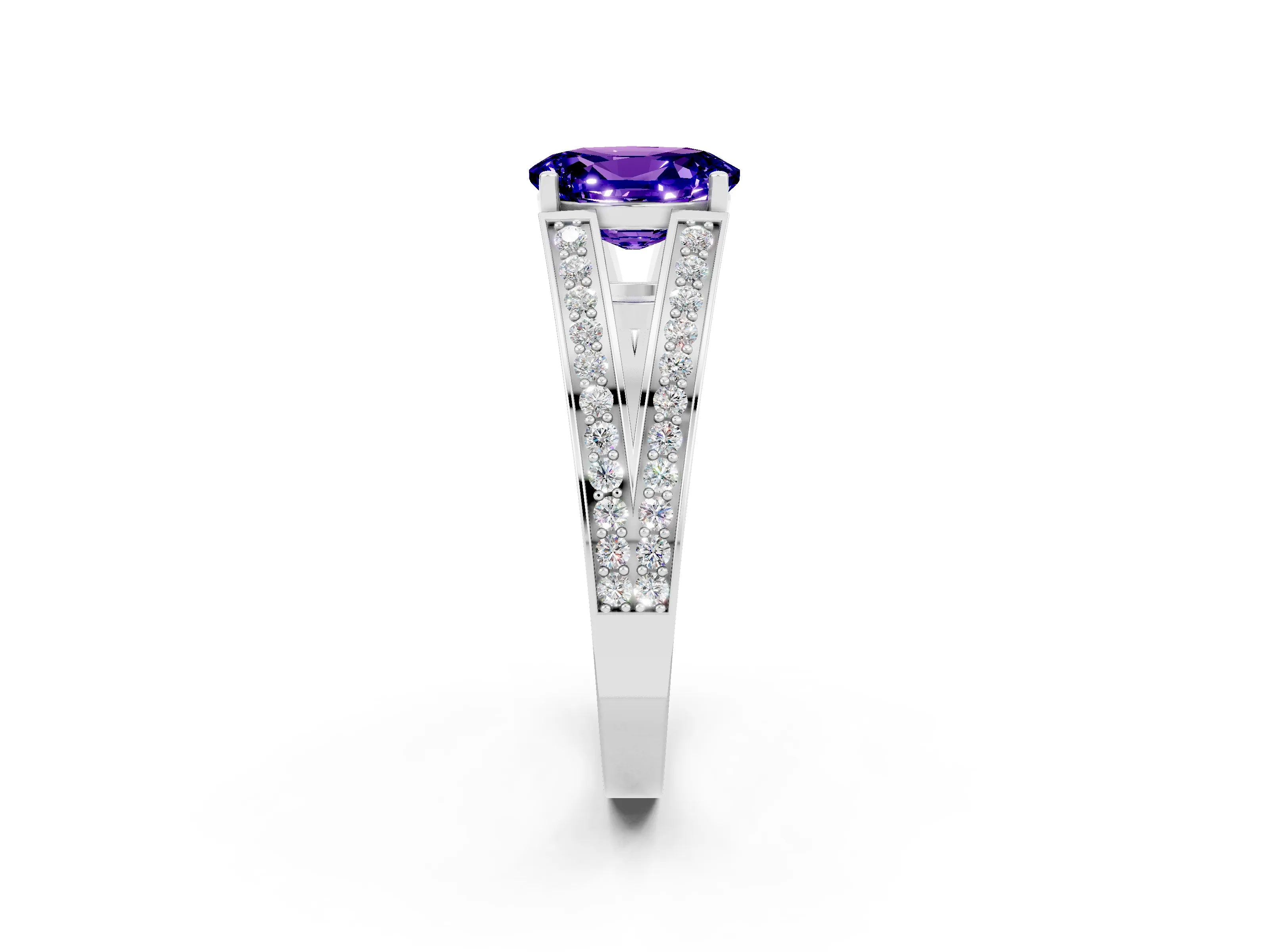 White gold Oval Cut Tanzanite Split Shank Ring with Pavé Band and Four-Prong Setting_2