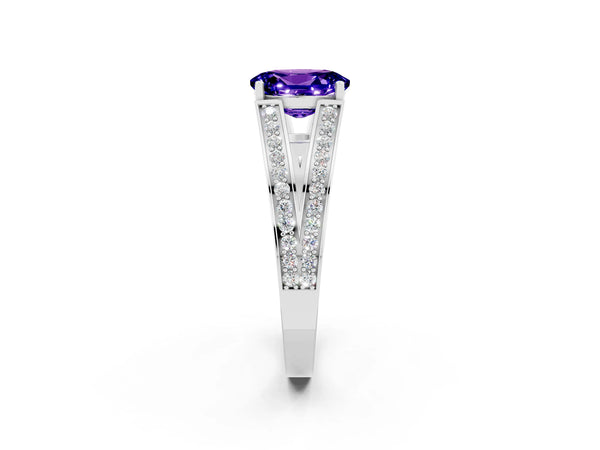 Silver Oval Cut Tanzanite Split Shank Ring with Pavé Band and Four-Prong Setting
