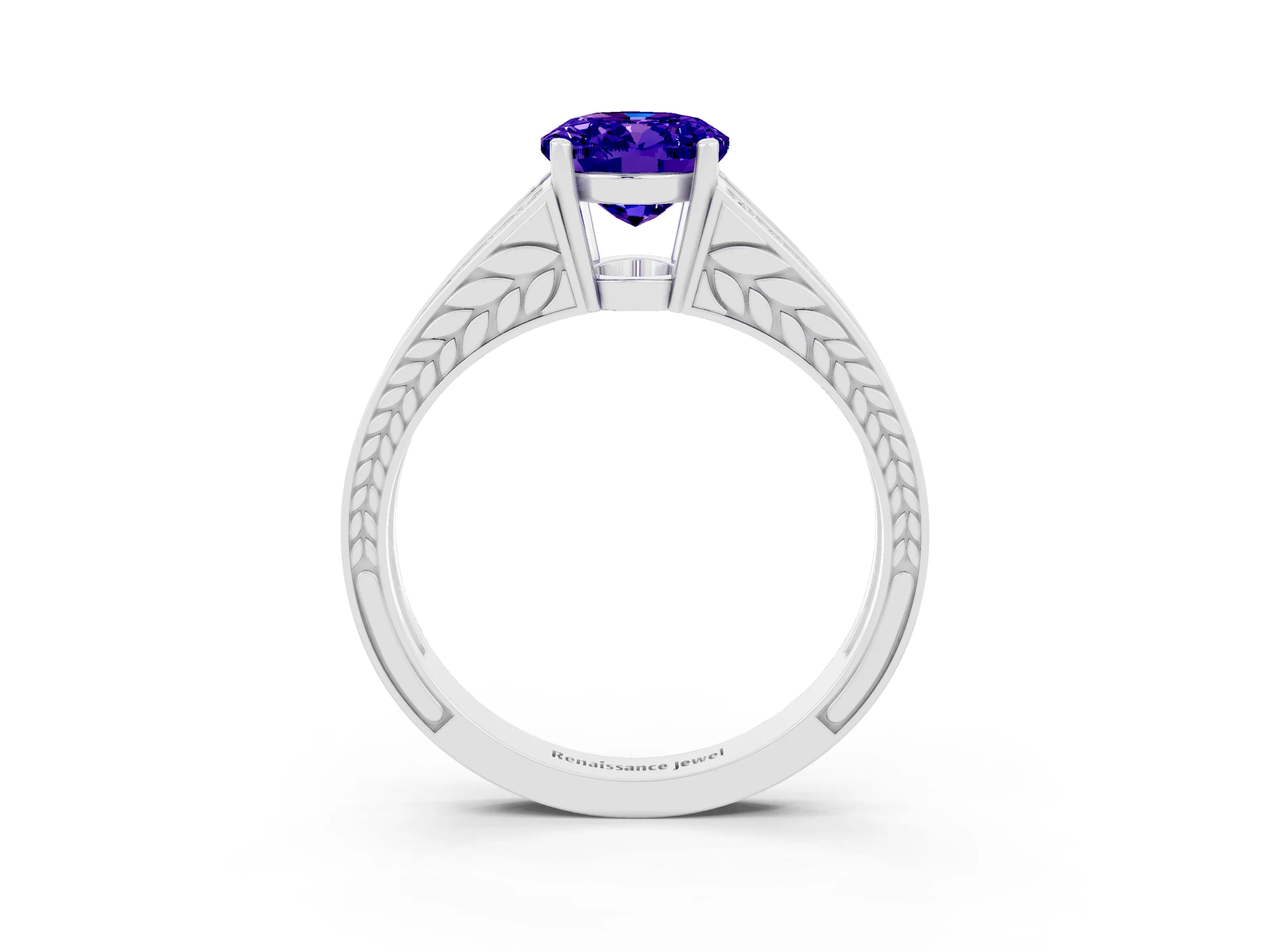 White gold Oval Cut Tanzanite Split Shank Ring with Pavé Band and Four-Prong Setting_3