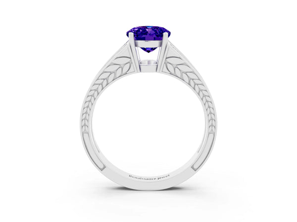 Platinum Oval Cut Tanzanite Split Shank Ring with Pavé Band and Four-Prong Setting