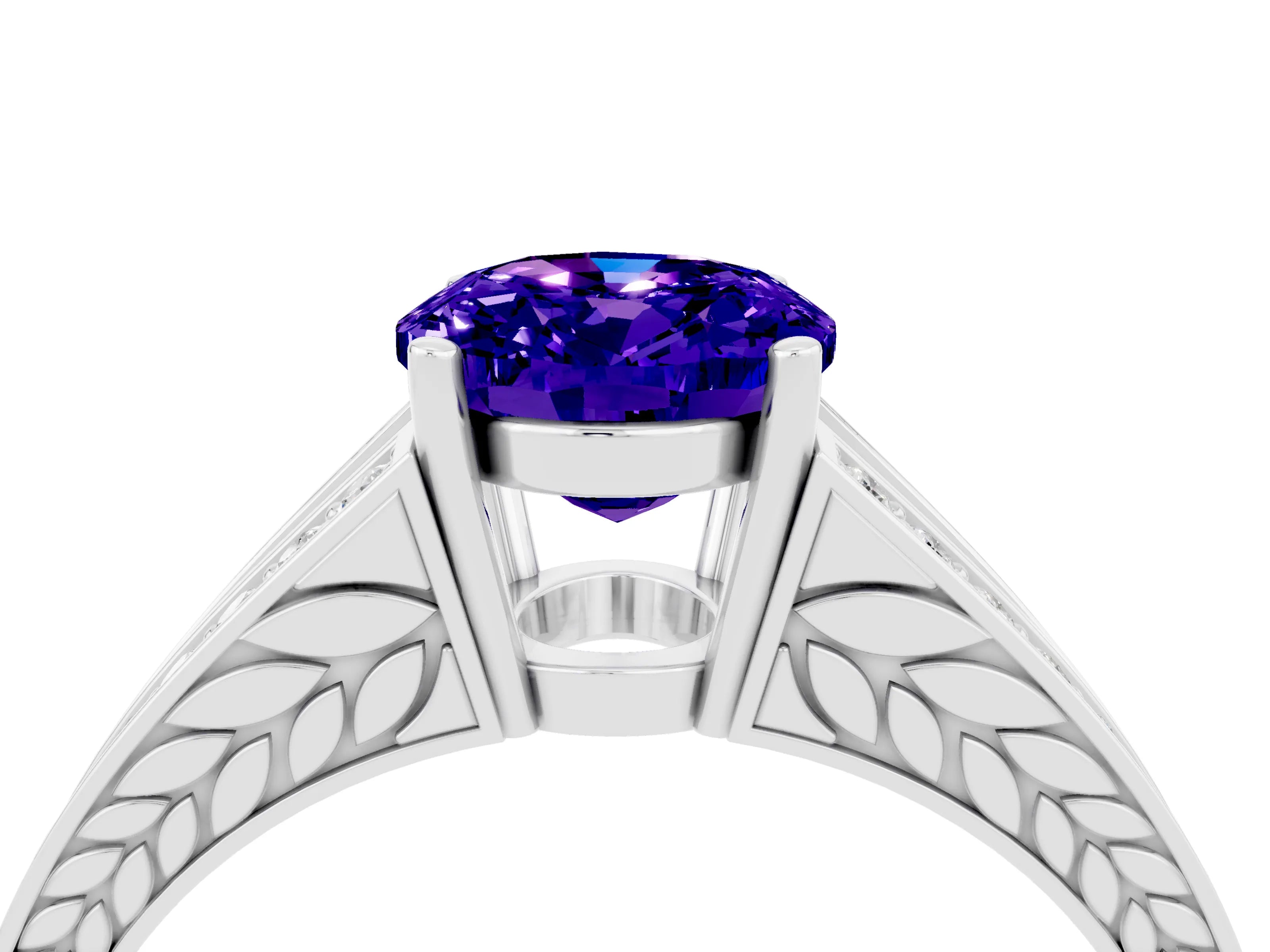White gold Oval Cut Tanzanite Split Shank Ring with Pavé Band and Four-Prong Setting_4