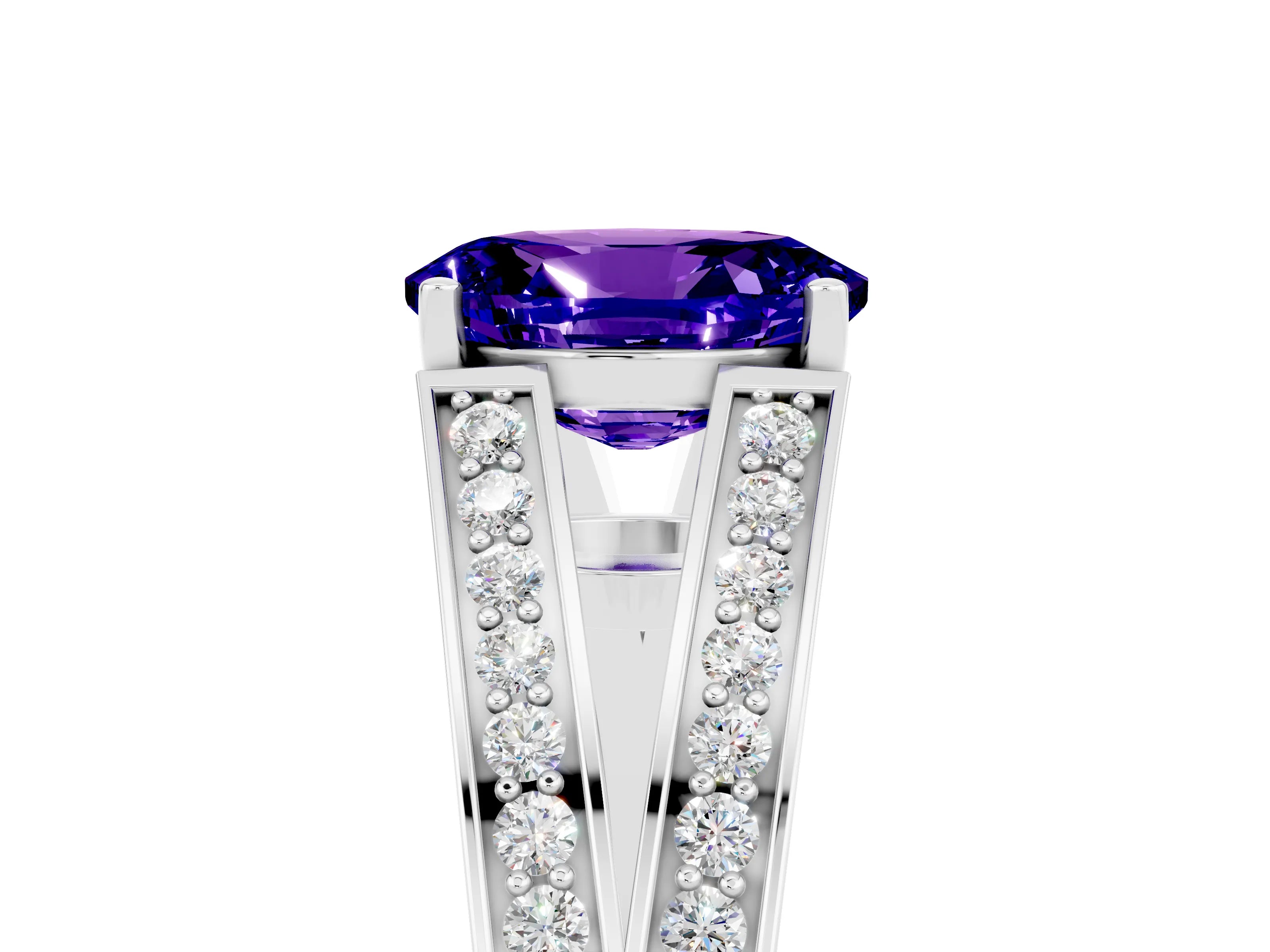 White gold Oval Cut Tanzanite Split Shank Ring with Pavé Band and Four-Prong Setting_5