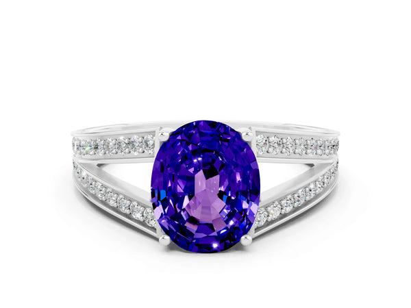 White gold Oval Cut Tanzanite Split Shank Ring with Pavé Band and Four-Prong Setting