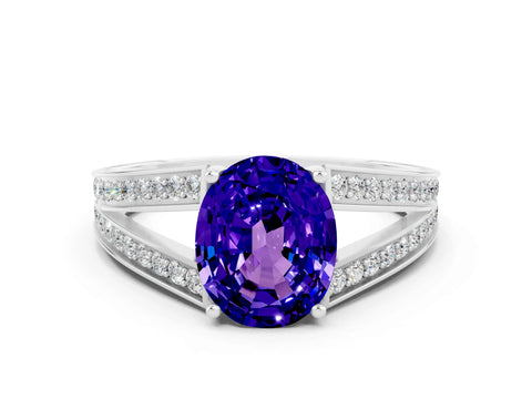 White gold Oval Cut Tanzanite Split Shank Ring with Pavé Band and Four-Prong Setting