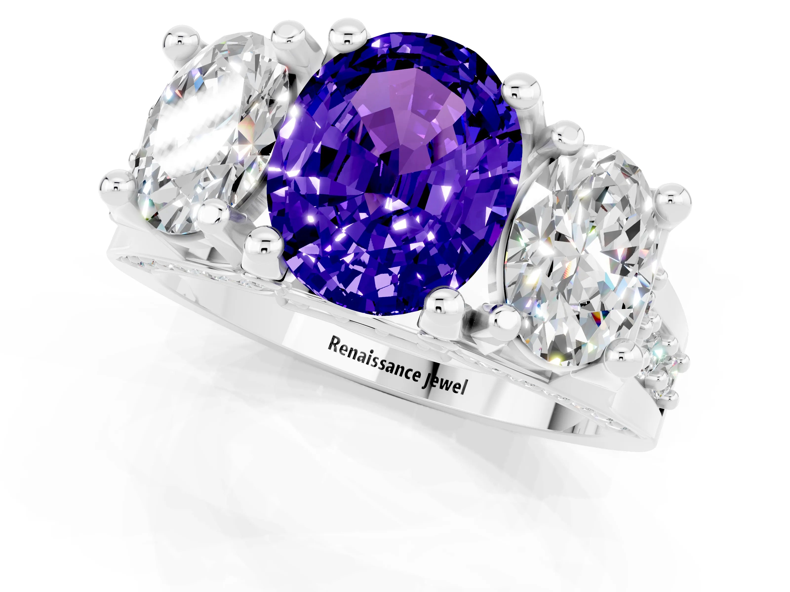 White gold Oval Cut Tanzanite Three-Stone Ring with Channel Set Band and Four-Prong Setting_1