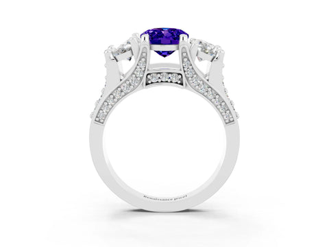 White gold Oval Cut Tanzanite Three-Stone Ring with Channel Set Band and Four-Prong Setting_3