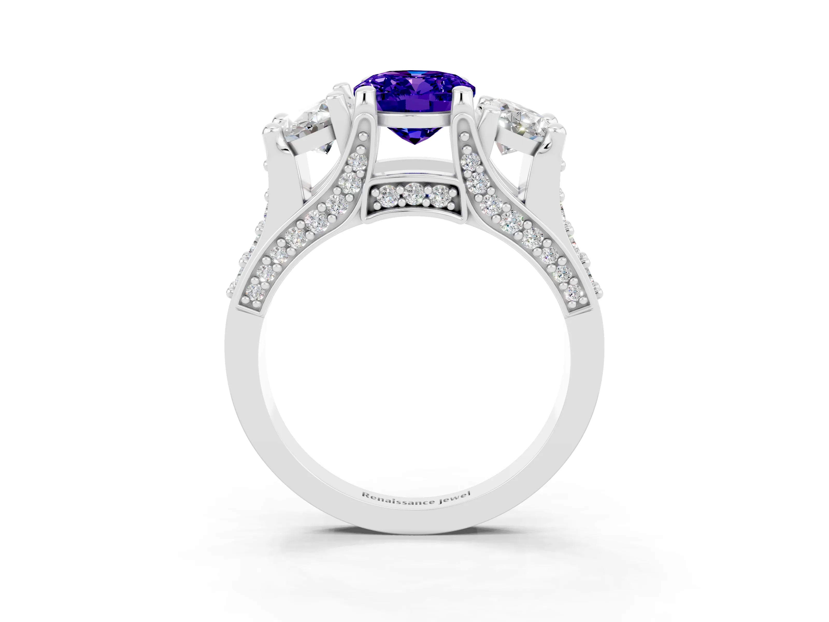 White gold Oval Cut Tanzanite Three-Stone Ring with Channel Set Band and Four-Prong Setting_3