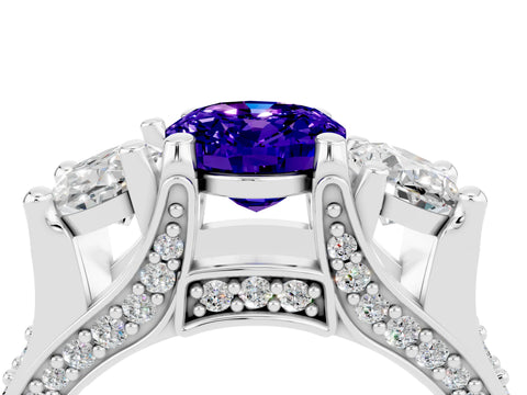 White gold Oval Cut Tanzanite Three-Stone Ring with Channel Set Band and Four-Prong Setting_4