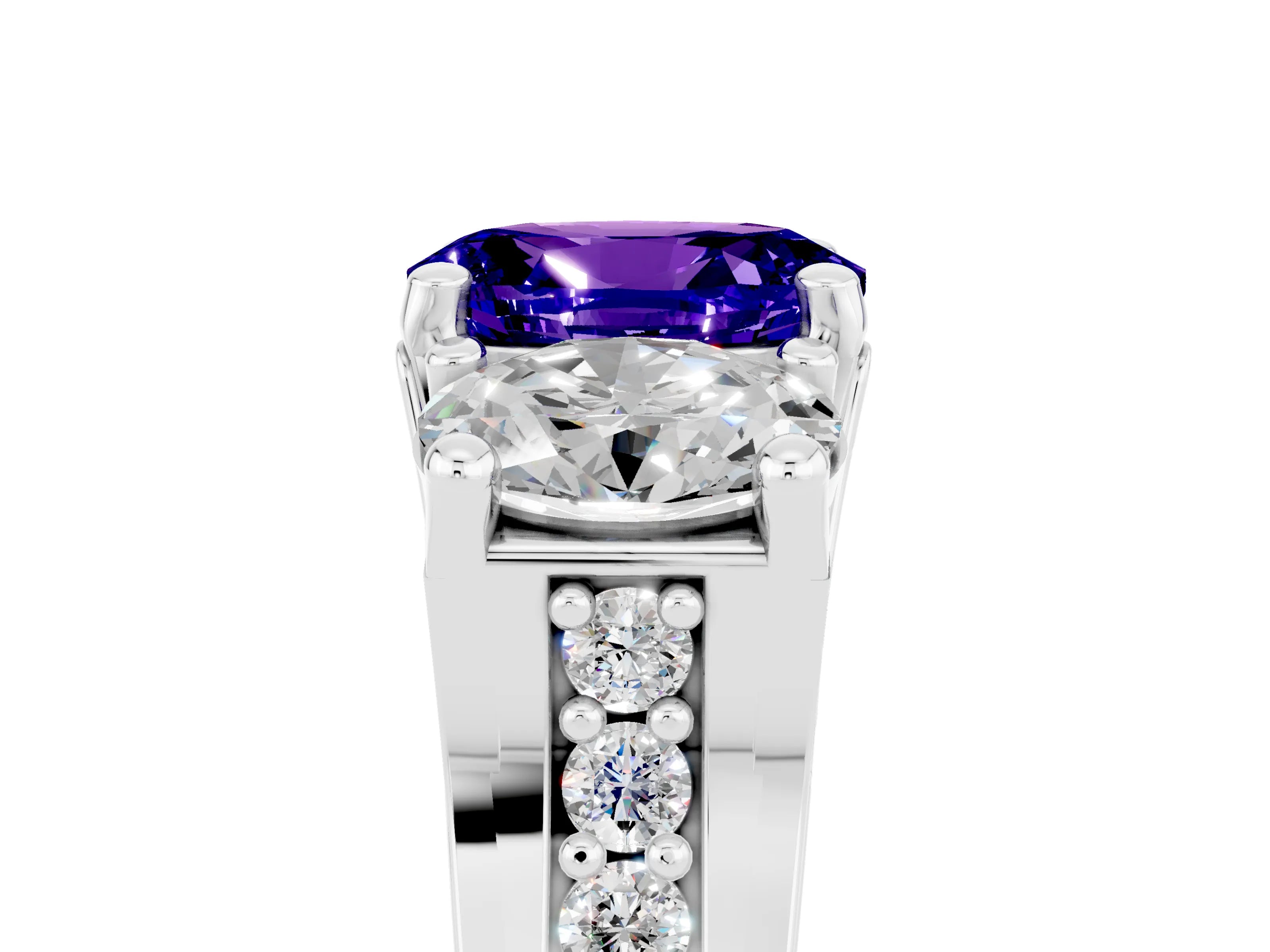 White gold Oval Cut Tanzanite Three-Stone Ring with Channel Set Band and Four-Prong Setting_5