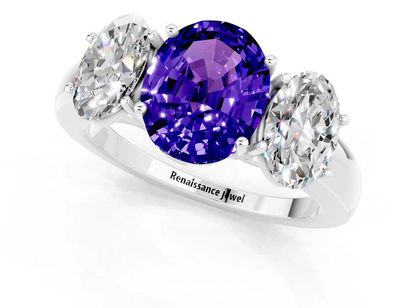 Platinum Oval Cut Tanzanite Three-Stone Ring with Four-Prong Setting and Classic Band