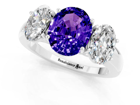 White gold Oval Cut Tanzanite Three-Stone Ring with Four-Prong Setting and Classic Band_1
