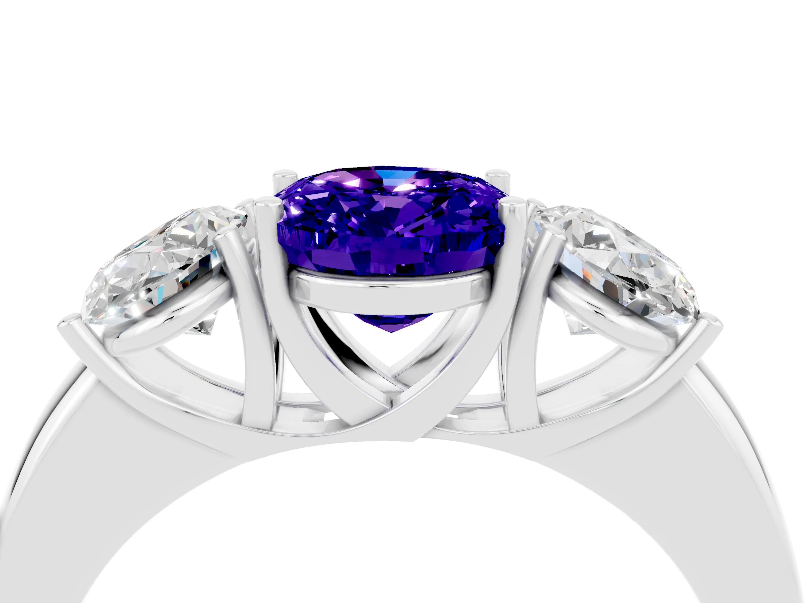 White gold Oval Cut Tanzanite Three-Stone Ring with Four-Prong Setting and Classic Band_4