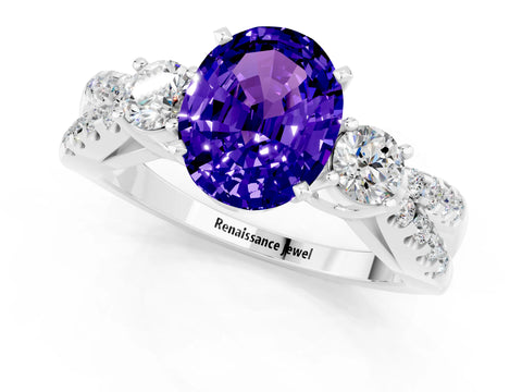 White gold Oval Cut Tanzanite Three-Stone Ring with Pavé Split Shank and Four-Prong Setting_13
