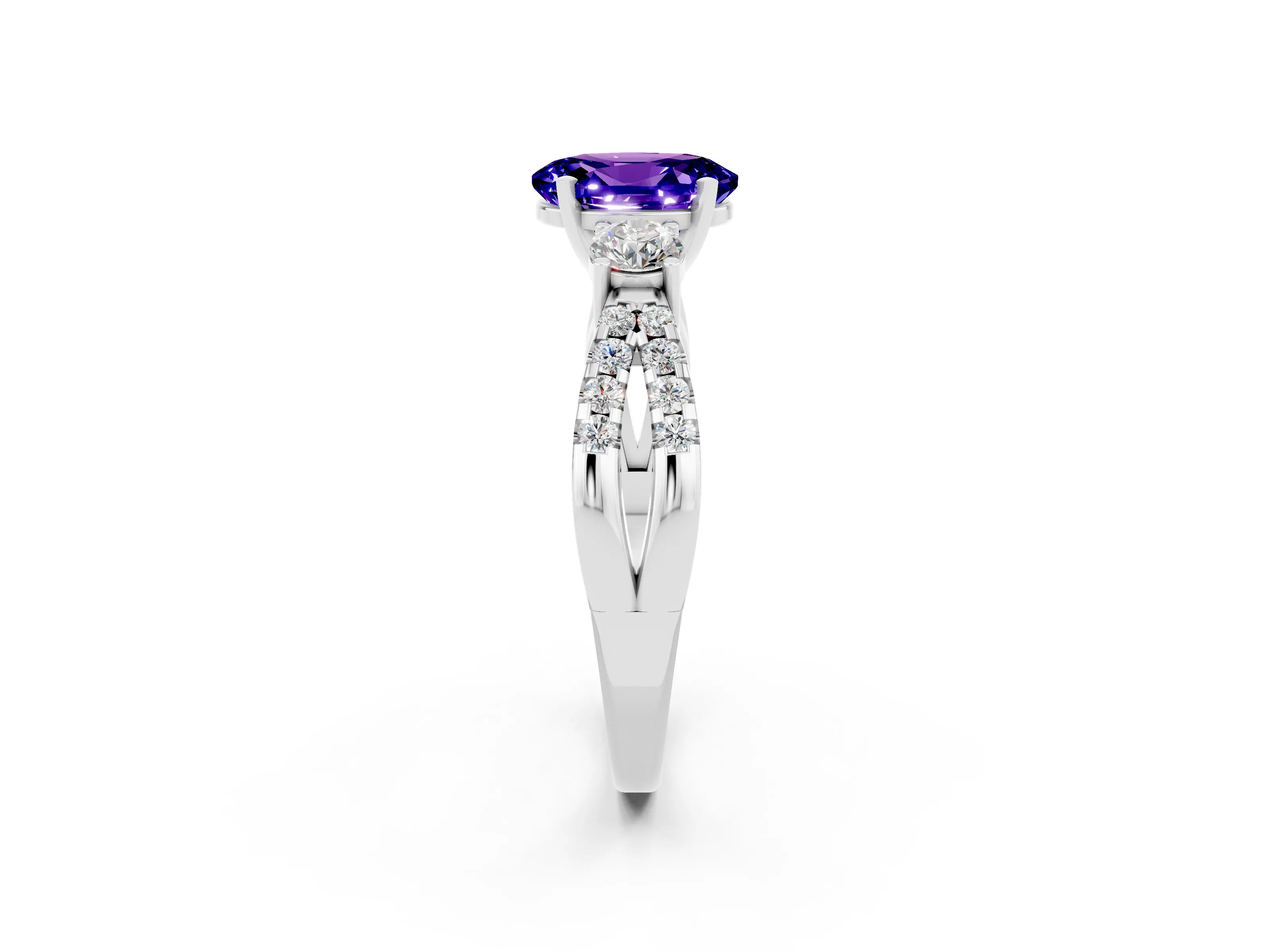 White gold Oval Cut Tanzanite Three-Stone Ring with Pavé Split Shank and Four-Prong Setting_14