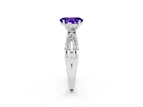 White gold Oval Cut Tanzanite Three-Stone Ring with Pavé Split Shank and Four-Prong Setting_14