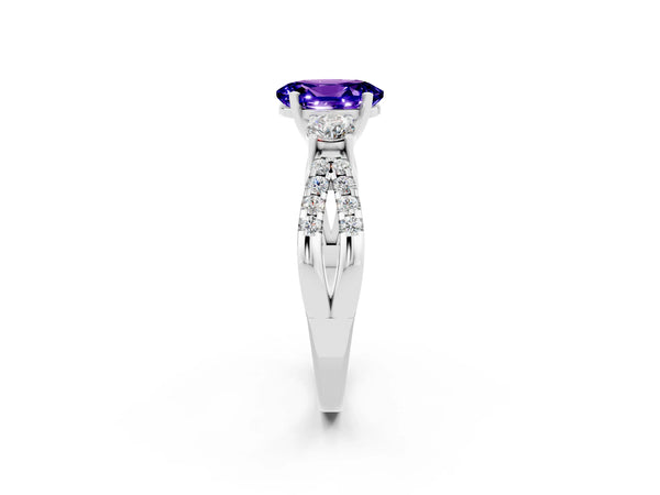 White gold Oval Cut Tanzanite Three-Stone Ring with Pavé Split Shank and Four-Prong Setting