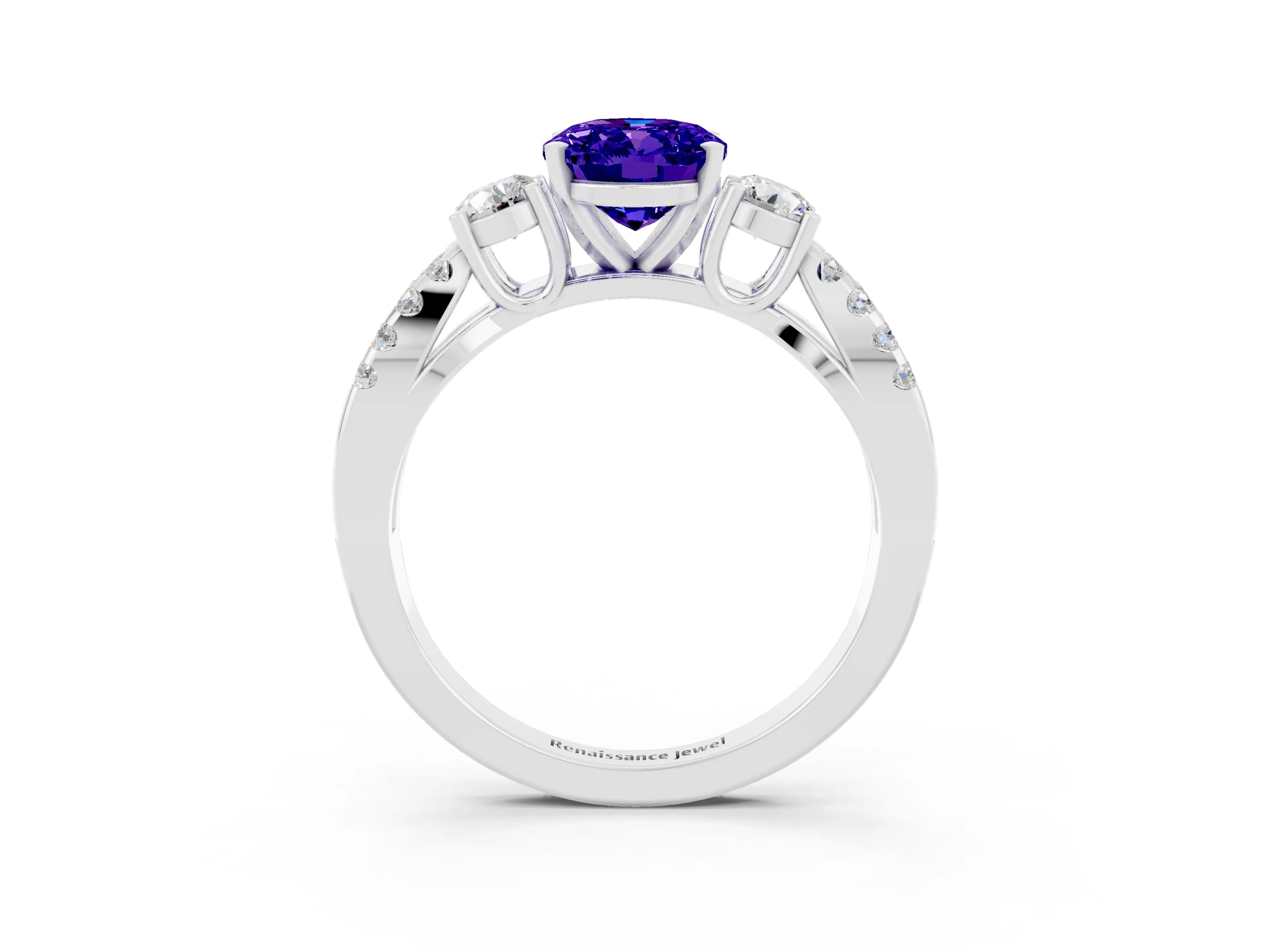 White gold Oval Cut Tanzanite Three-Stone Ring with Pavé Split Shank and Four-Prong Setting_15