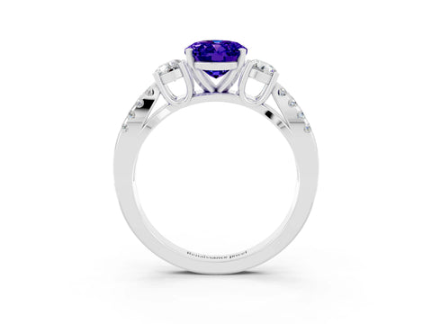 White gold Oval Cut Tanzanite Three-Stone Ring with Pavé Split Shank and Four-Prong Setting_15