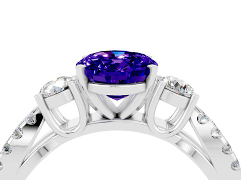 White gold Oval Cut Tanzanite Three-Stone Ring with Pavé Split Shank and Four-Prong Setting_16