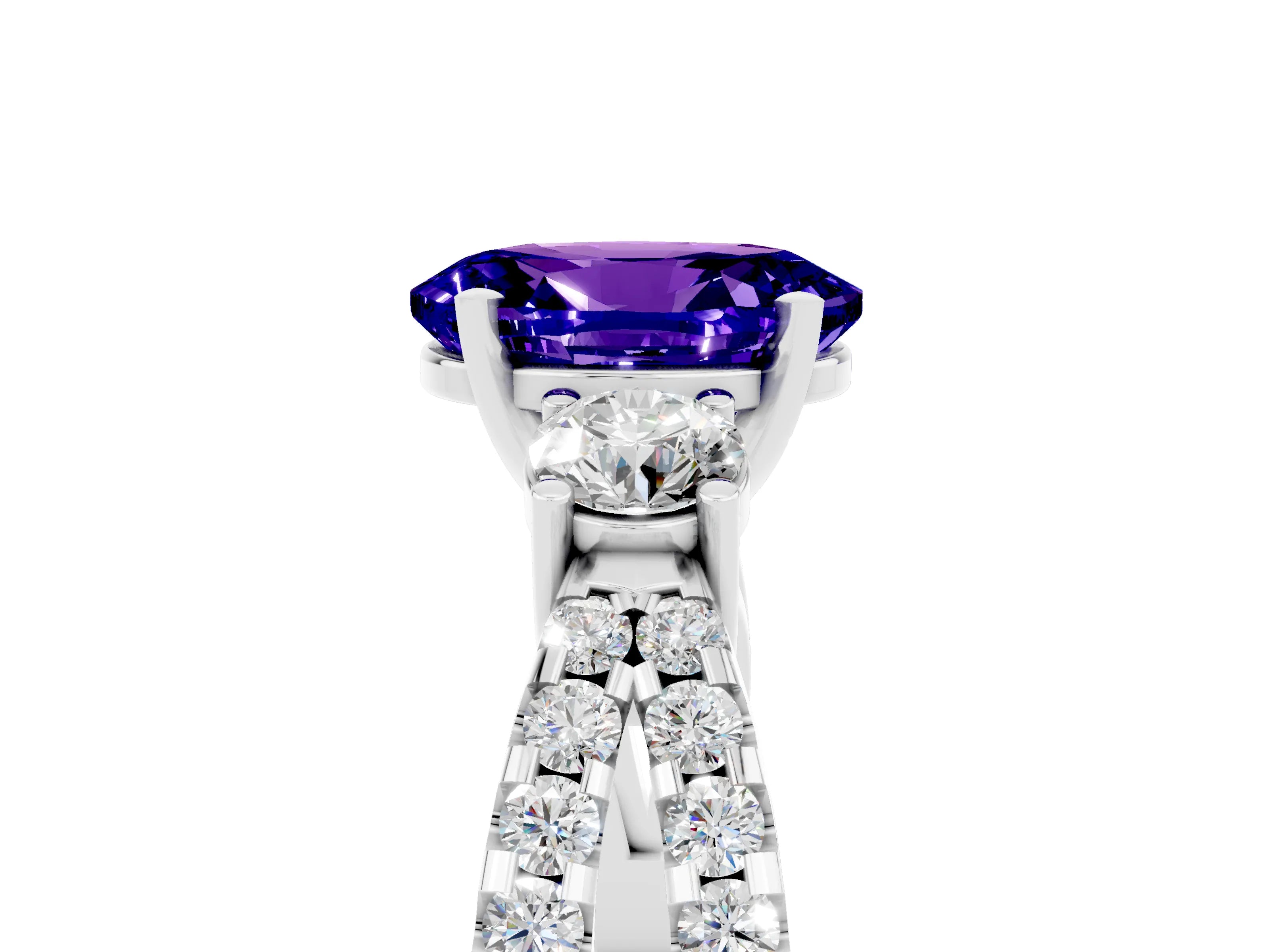 White gold Oval Cut Tanzanite Three-Stone Ring with Pavé Split Shank and Four-Prong Setting_17