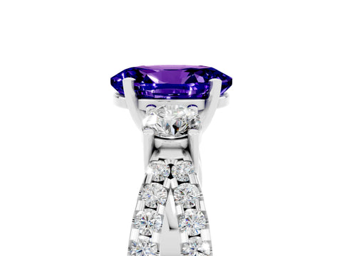 White gold Oval Cut Tanzanite Three-Stone Ring with Pavé Split Shank and Four-Prong Setting_17