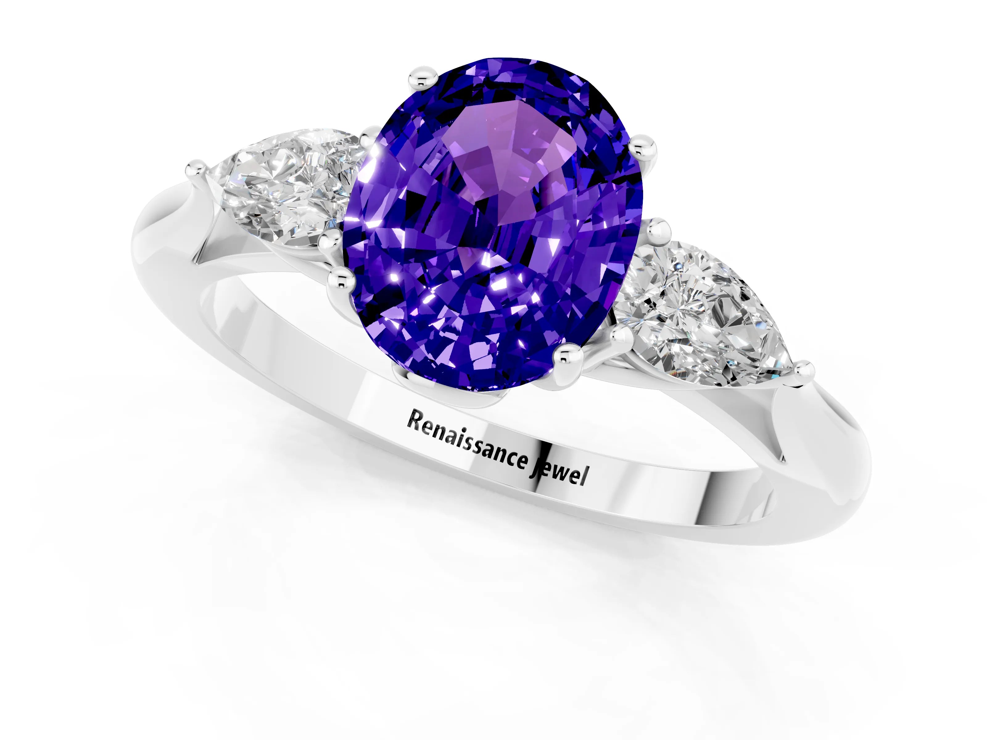 White gold Oval Cut Tanzanite Three-Stone Ring with Pear Side Stones and Four-Prong Setting_13