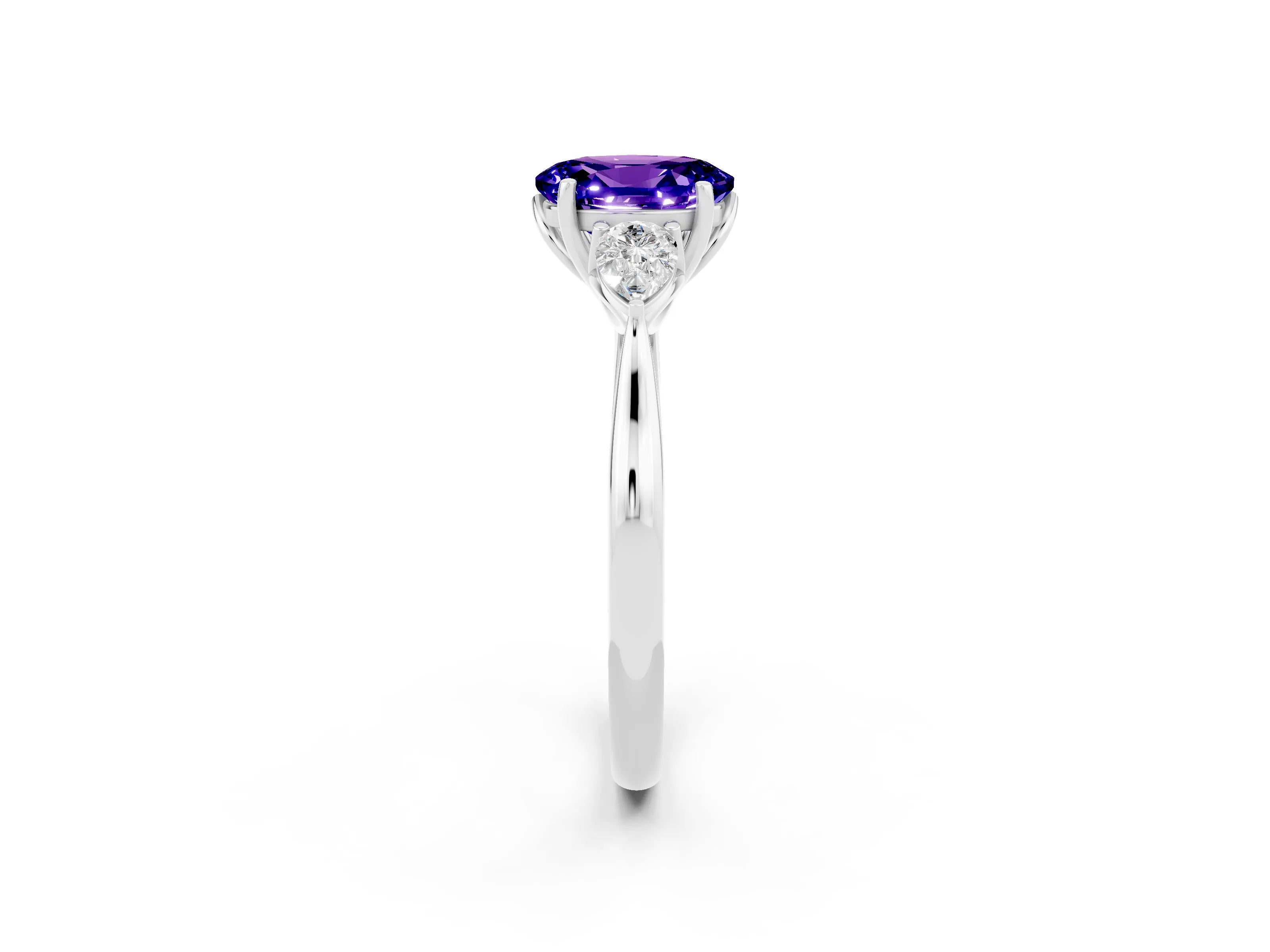 White gold Oval Cut Tanzanite Three-Stone Ring with Pear Side Stones and Four-Prong Setting_14