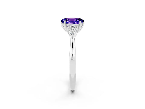 White gold Oval Cut Tanzanite Three-Stone Ring with Pear Side Stones and Four-Prong Setting_14