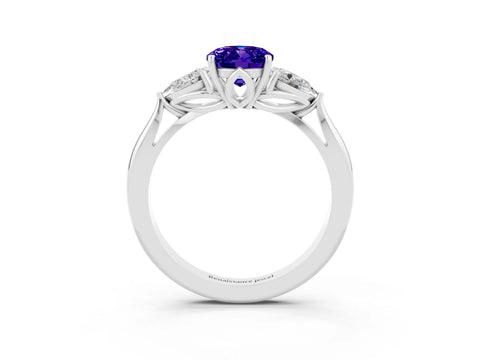 White gold Oval Cut Tanzanite Three-Stone Ring with Pear Side Stones and Four-Prong Setting_15