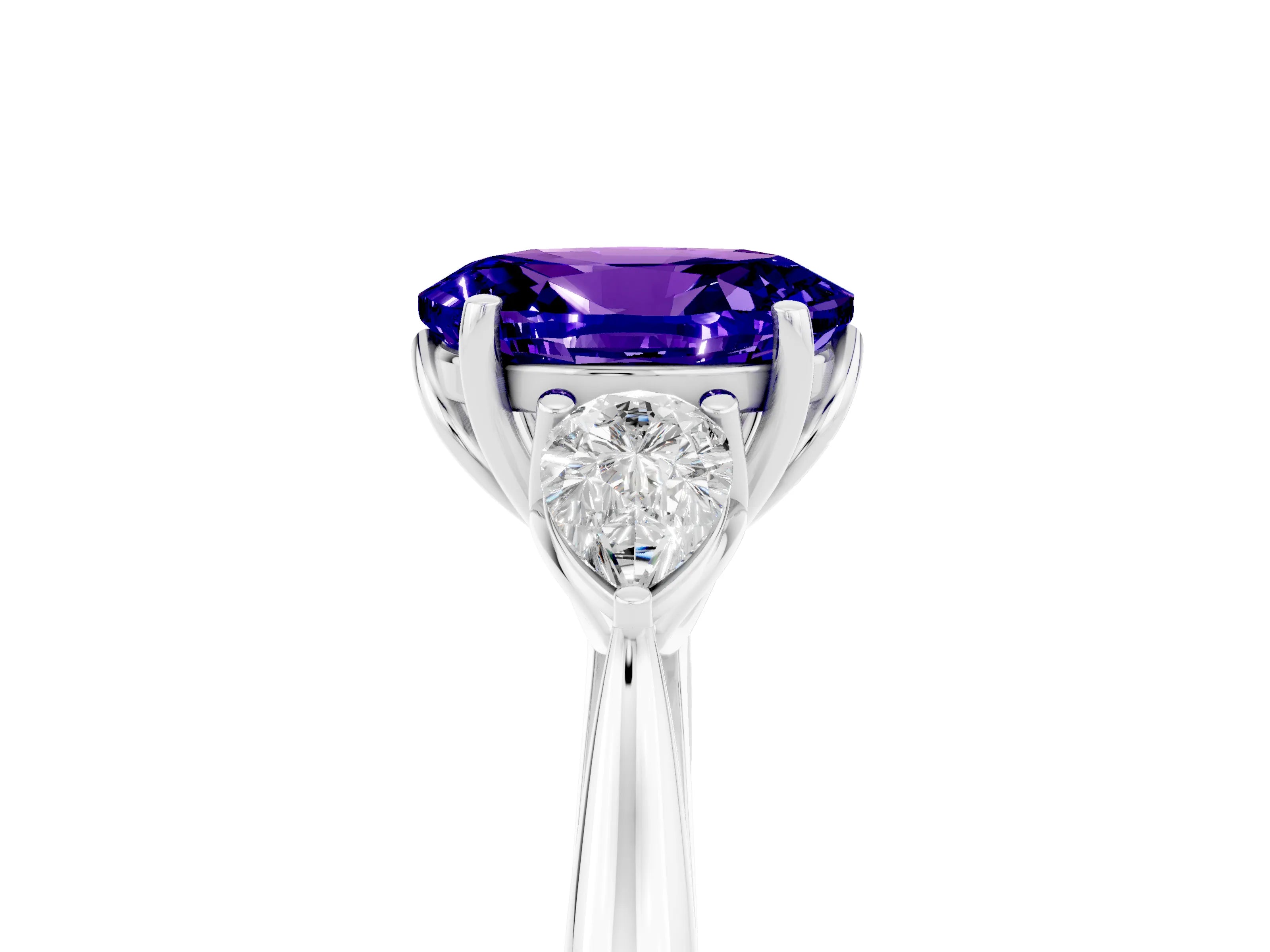White gold Oval Cut Tanzanite Three-Stone Ring with Pear Side Stones and Four-Prong Setting_17
