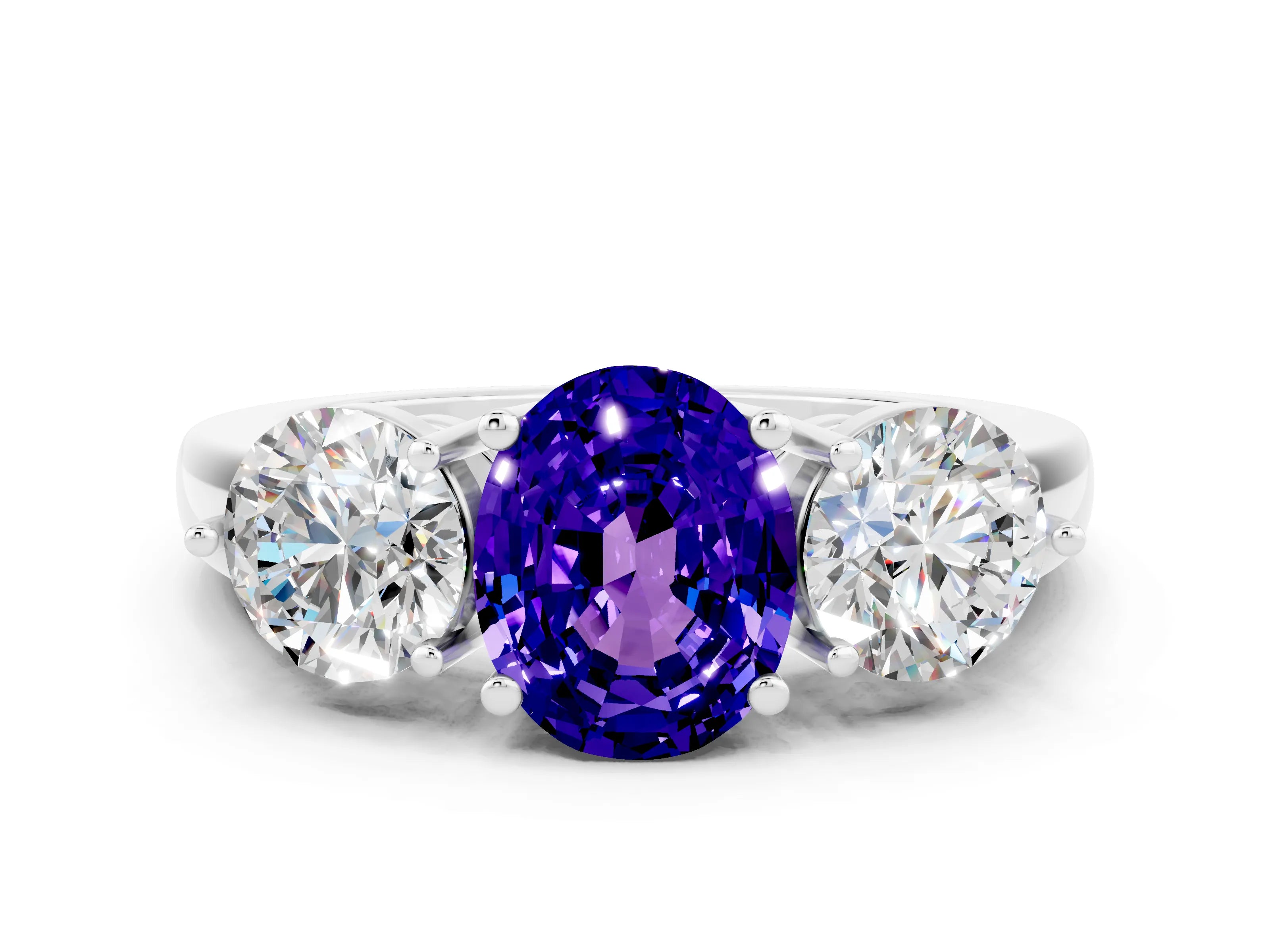 White gold Oval Cut Tanzanite Three-Stone Ring with Prong Setting and Classic Band