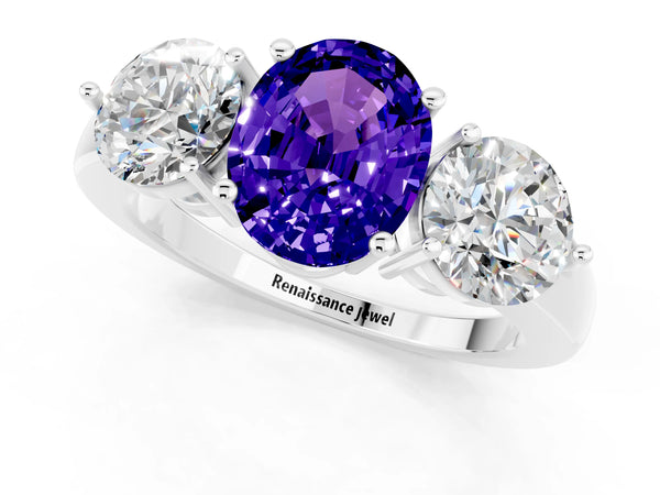 Platinum Oval Cut Tanzanite Three-Stone Ring with Prong Setting and Classic Band