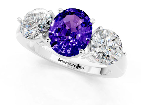 White gold Oval Cut Tanzanite Three-Stone Ring with Prong Setting and Classic Band_1