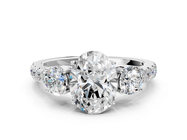 White gold Oval Cut Diamond Three-Stone Ring with Round Side Stones and Pavé Band