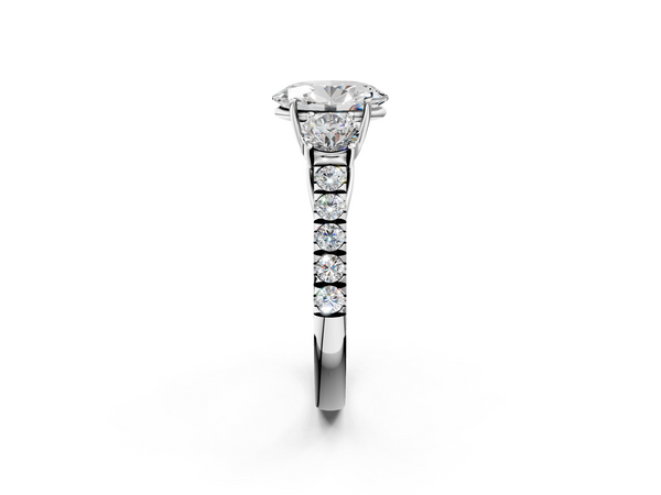 White gold Oval Cut Diamond Three-Stone Ring with Round Side Stones and Pavé Band