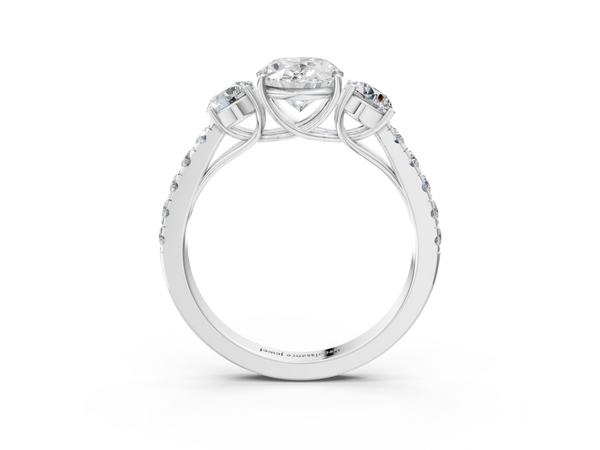 White gold Oval Cut Diamond Three-Stone Ring with Round Side Stones and Pavé Band