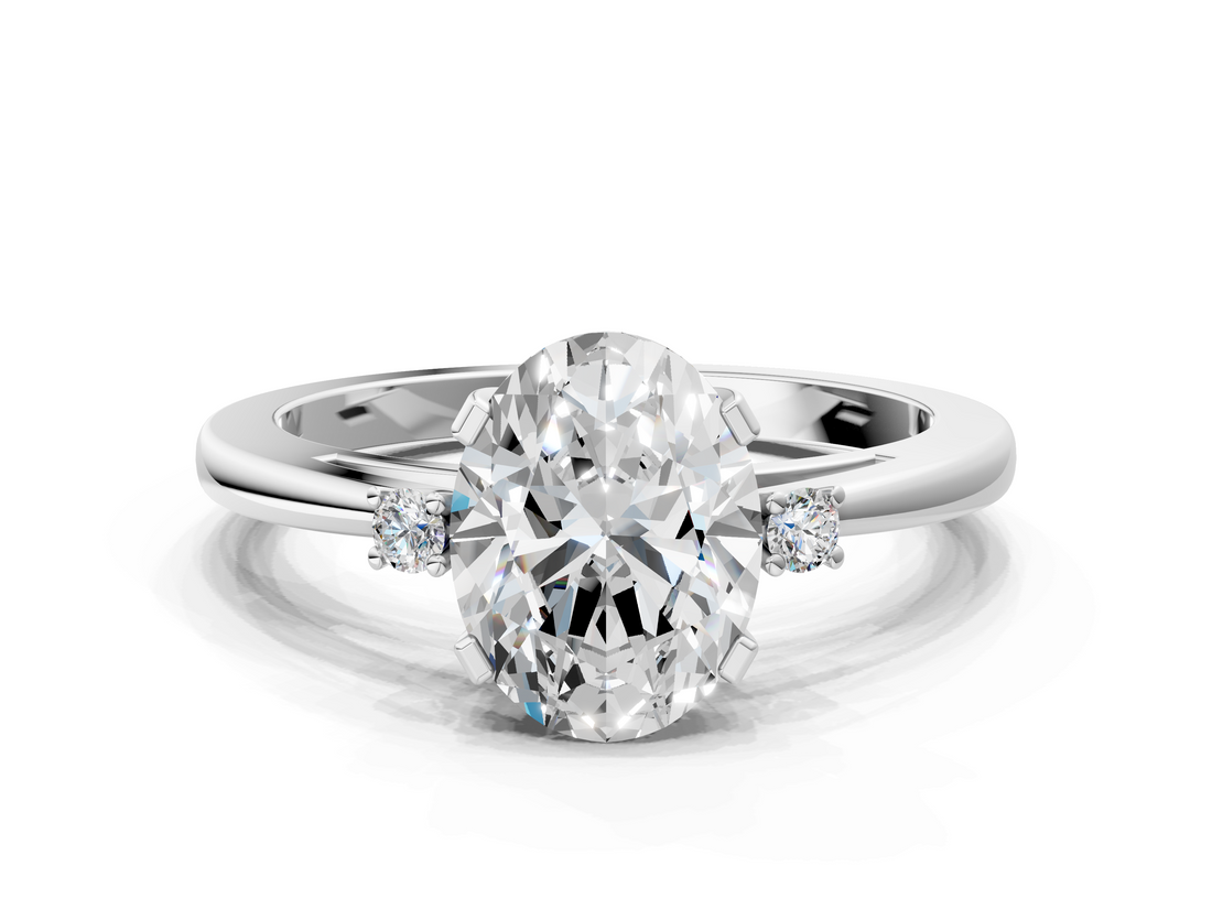 White gold Oval Cut Three-Stone Solitaire Ring with Round Accent Diamonds and Four-Prong Setting_58