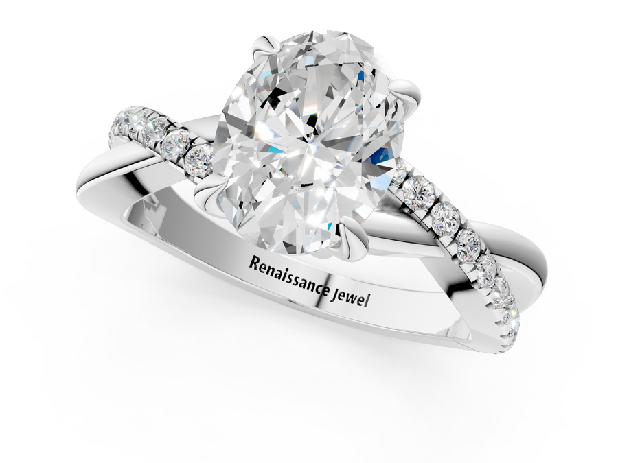 White gold Oval Cut Twist Band Solitaire Diamond Ring with Pavé Setting