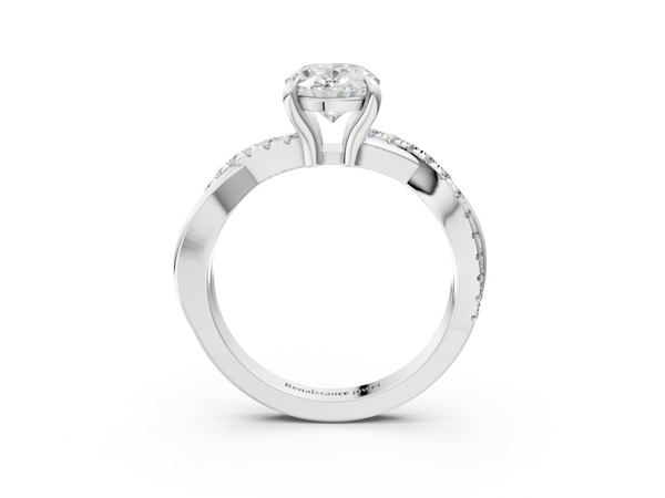 White gold Oval Cut Twist Band Solitaire Diamond Ring with Pavé Setting