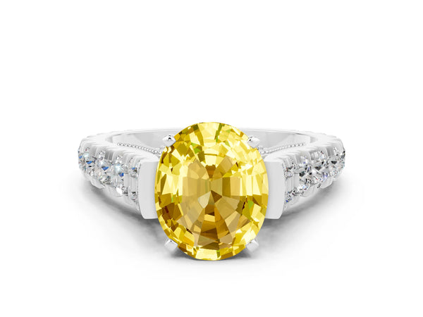White gold Oval Cut Yellow Sapphire Classic Solitaire Ring with Pavé Band and Four-Prong Setting