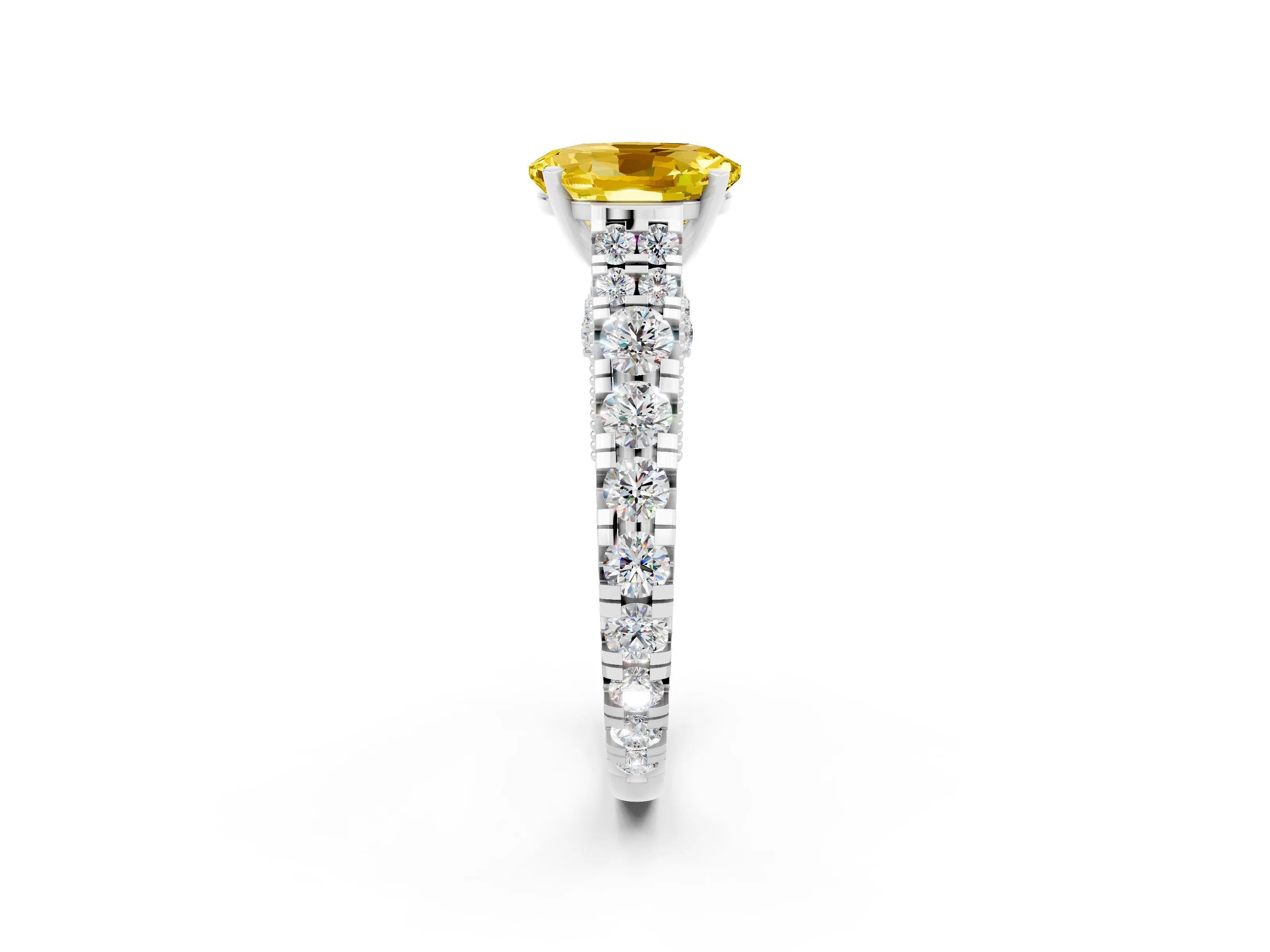 White gold Oval Cut Yellow Sapphire Classic Solitaire Ring with Pavé Band and Four-Prong Setting_14