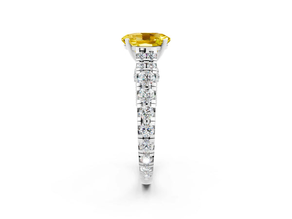 Silver Oval Cut Yellow Sapphire Classic Solitaire Ring with Pavé Band and Four-Prong Setting