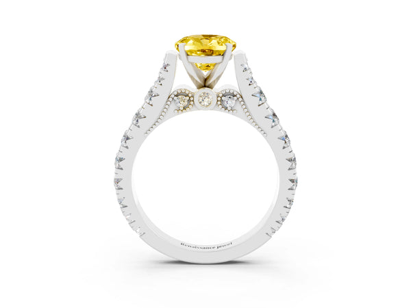 Platinum Oval Cut Yellow Sapphire Classic Solitaire Ring with Pavé Band and Four-Prong Setting