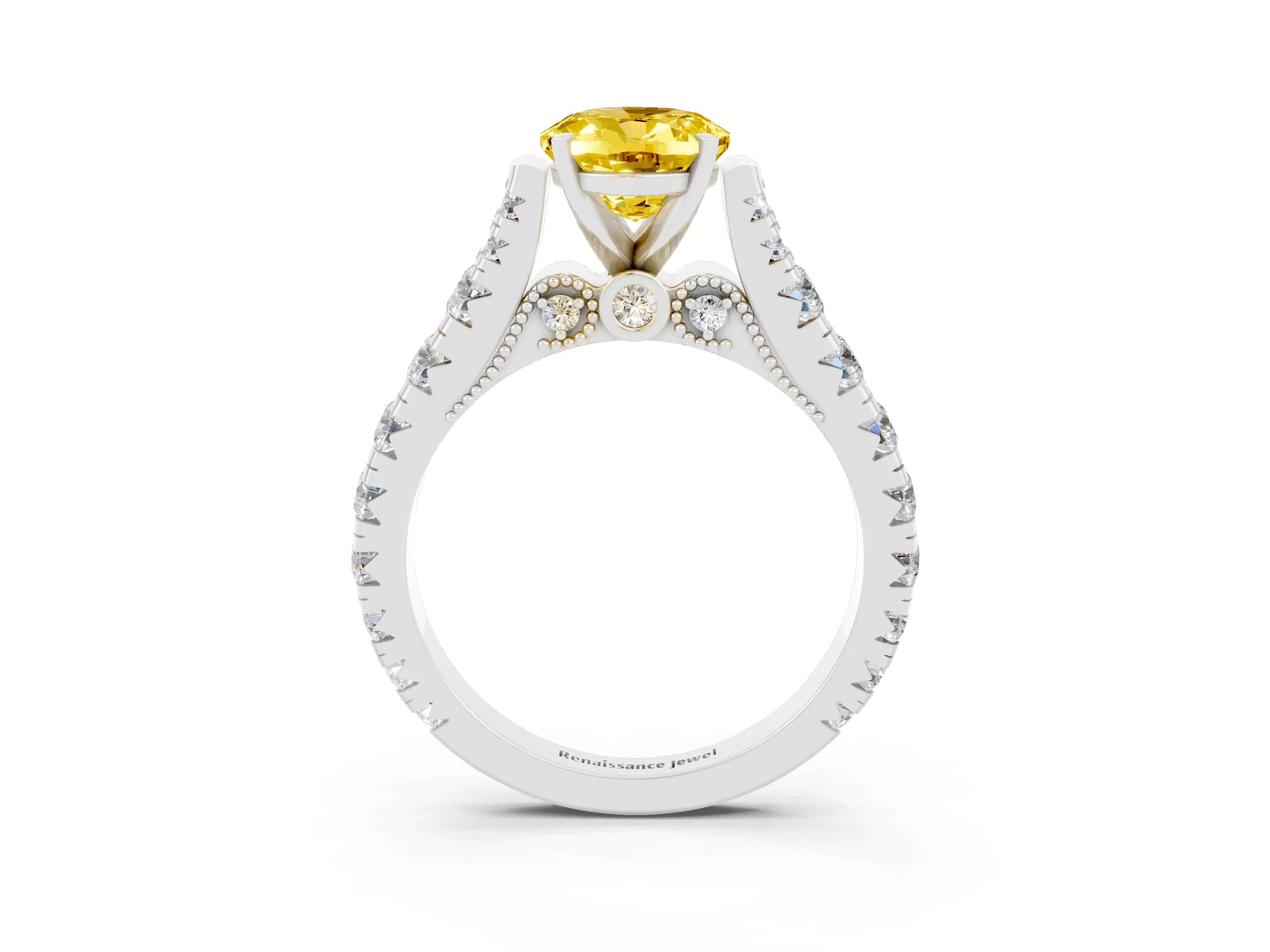 White gold Oval Cut Yellow Sapphire Classic Solitaire Ring with Pavé Band and Four-Prong Setting_15