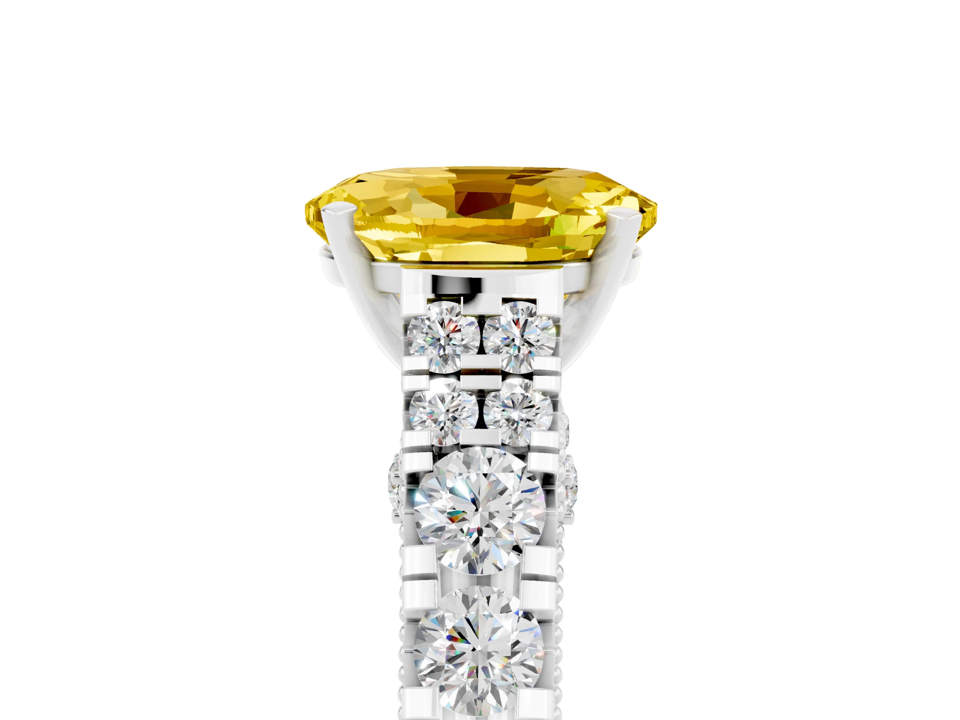 White gold Oval Cut Yellow Sapphire Classic Solitaire Ring with Pavé Band and Four-Prong Setting_17