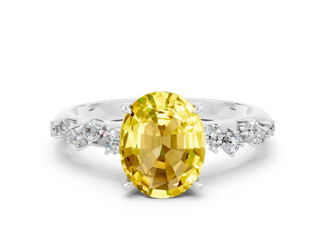 White gold Oval Cut Yellow Sapphire Cluster Side Stone Solitaire Ring with Prong Setting_48