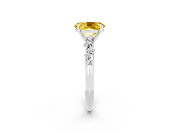 Platinum Oval Cut Yellow Sapphire Cluster Side Stone Solitaire Ring with Prong Setting
